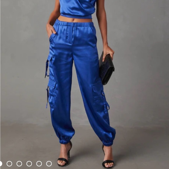 Olia Pants - Medium Cargo Pants, Electric Blue Satin, NWOT